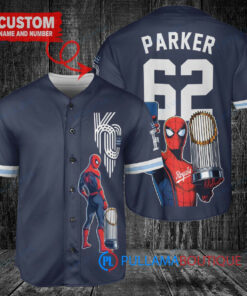 Kansas City Royals x Marvel Spiderman with Trophy Custom Baseball Jersey Navy