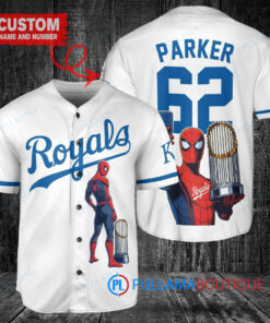 Kansas City Royals x Marvel Spiderman with Trophy Custom Baseball Jersey White