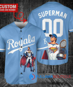 Kansas City Royals x Superman DC Comics with Trophy Custom Baseball Jersey Light Blue