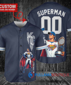 Kansas City Royals x Superman DC Comics with Trophy Custom Baseball Jersey Navy