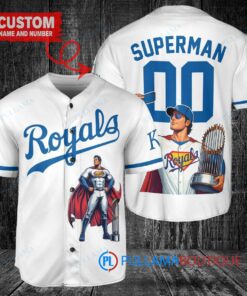 Kansas City Royals x Superman DC Comics with Trophy Custom Baseball Jersey White