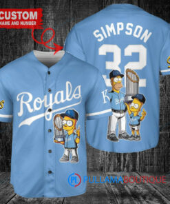 Kansas City Royals x The Simpsons Bart Simpson, Homer Simpson, Lisa Simpson with Trophy Custom Baseball Jersey Light Blue