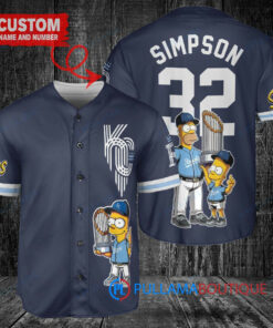 Kansas City Royals x The Simpsons Bart Simpson, Homer Simpson, Lisa Simpson with Trophy Custom Baseball Jersey Navy