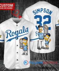 Kansas City Royals x The Simpsons Bart Simpson, Homer Simpson, Lisa Simpson with Trophy Custom Baseball Jersey White