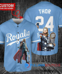 Kansas City Royals x Thor Marvel with Trophy Custom Baseball Jersey Light Blue