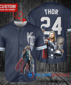 Kansas City Royals x Thor Marvel with Trophy Custom Baseball Jersey Navy