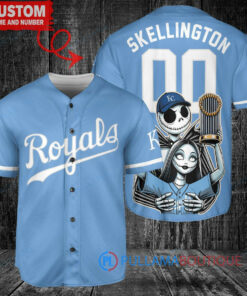 KC Royals Jack Skellington Sally World Series Trophy Baseball Jersey Blue