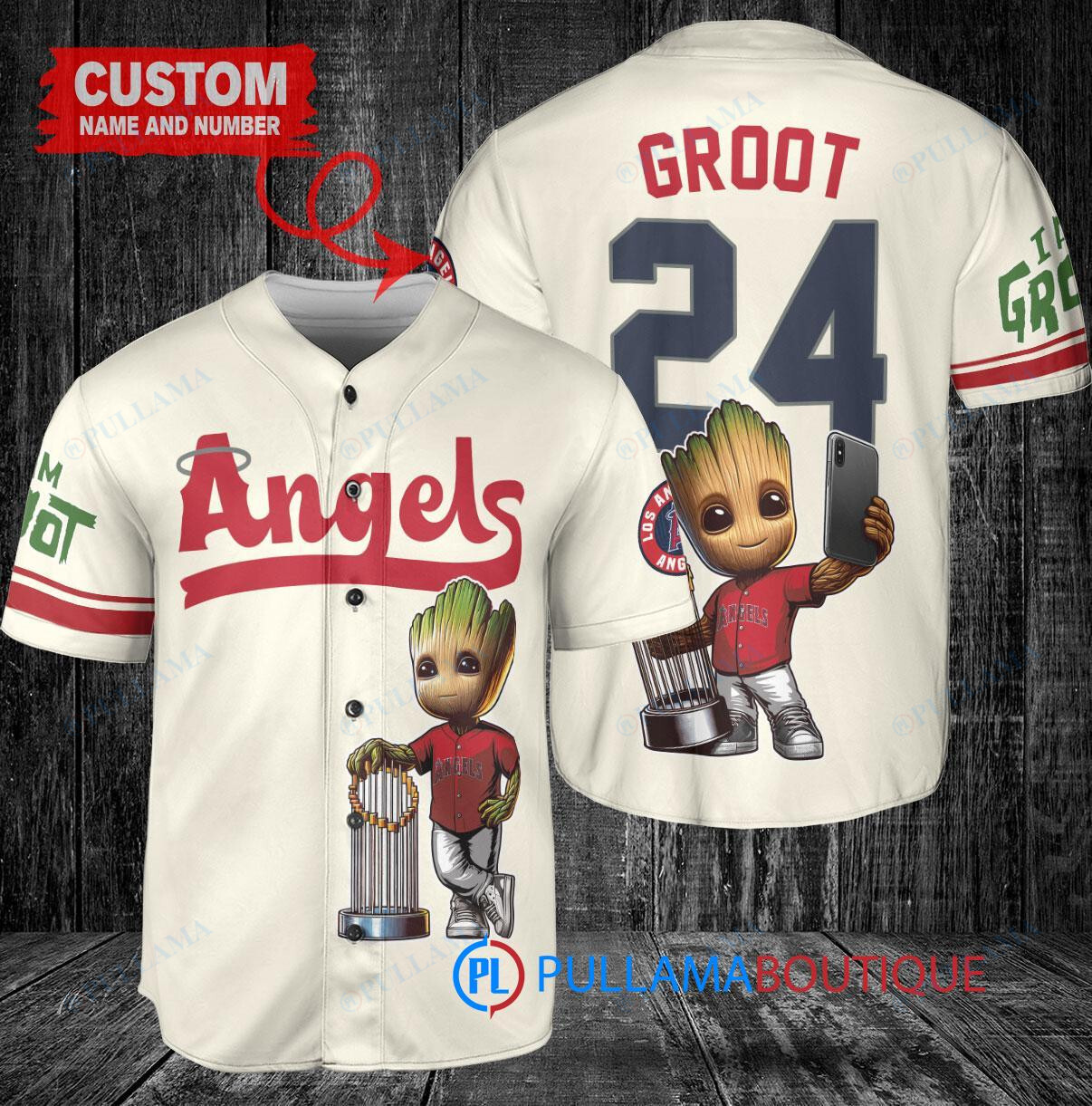 Los Angeles Angels x Baby Groot Marvel Guardians Of The Galaxy with Trophy Custom Baseball Jersey White