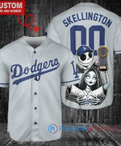 LA Dodgers x Jack Skellington Sally World Series Trophy Baseball Jersey Gray