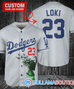 Loki Super Villains God of Mischief Los Angeles Dodgers Custom Baseball Jersey Gray