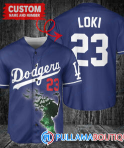 Loki Super Villains God of Mischief Los Angeles Dodgers Custom Baseball Jersey Navy