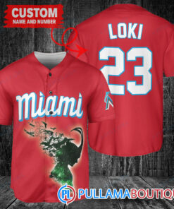 Loki Super Villains God of Mischief Miami Marlins Custom Baseball Jersey Red