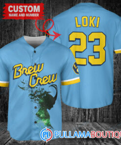 Loki Super Villains God of Mischief Milwaukee Brewers Custom Baseball Jersey Blue City Connect