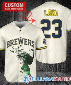 Loki Super Villains God of Mischief Milwaukee Brewers Custom Baseball Jersey Cream