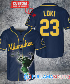 Loki Super Villains God of Mischief Milwaukee Brewers Custom Baseball Jersey Navy