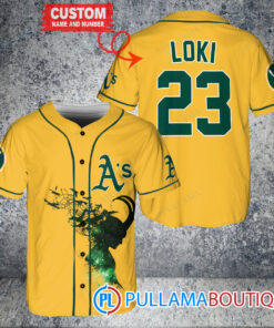 Loki Super Villains God of Mischief Oakland Athletics Custom Baseball Jersey Gold