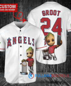 Los Angeles Angels x Baby Groot Marvel Guardians Of The Galaxy with Trophy Custom Baseball Jersey White