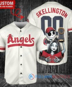 Los Angeles Angels x Jack Skellington and Sally The Nightmare Before Christmas with World Series Trophy Custom Baseball Jersey Cream