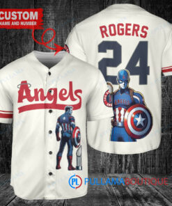 Los Angeles Angels x Marvel Captain America Steve Rogers with Trophy Custom Baseball Jersey Cream