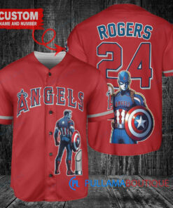 Los Angeles Angels x Marvel Captain America Steve Rogers with Trophy Custom Baseball Jersey Red