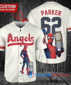 Los Angeles Angels x Marvel Spiderman with Trophy Custom Baseball Jersey Cream