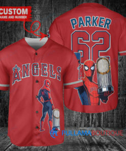 Los Angeles Angels x Marvel Spiderman with Trophy Custom Baseball Jersey Red