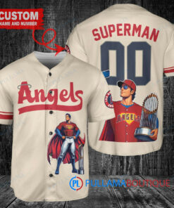 Los Angeles Angels x Superman DC Comics with Trophy Custom Baseball Jersey Cream