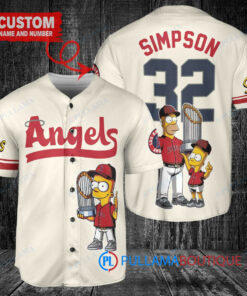 Los Angeles Angels x The Simpsons Bart Simpson, Homer Simpson, Lisa Simpson with Trophy Custom Baseball Jersey Cream