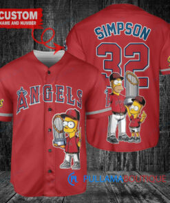 Los Angeles Angels x The Simpsons Bart Simpson, Homer Simpson, Lisa Simpson with Trophy Custom Baseball Jersey Red