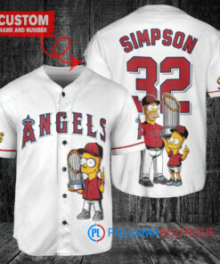 Los Angeles Angels x The Simpsons Bart Simpson, Homer Simpson, Lisa Simpson with Trophy Custom Baseball Jersey White