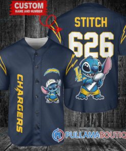 Los Angeles Chargers x Stitch with Trophy Custom Baseball Jersey Navy