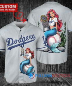 Los Angeles Dodgers x Ariel Mermaid with Trophy Custom Baseball Jersey Gray