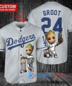 Los Angeles Dodgers x Baby Groot Marvel Guardians Of The Galaxy with Trophy Custom Baseball Jersey Gray