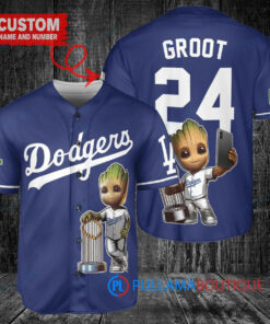 Los Angeles Dodgers x Baby Groot Marvel Guardians Of The Galaxy with Trophy Custom Baseball Jersey Navy