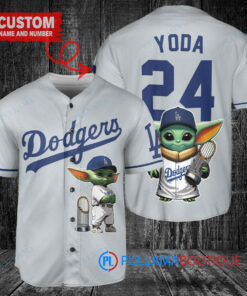 Los Angeles Dodgers x Baby Yoda Star Wars The Mandalorian with Trophy Custom Baseball Jersey Gray