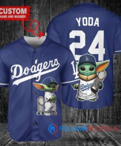 Los Angeles Dodgers x Baby Yoda Star Wars The Mandalorian with Trophy Custom Baseball Jersey Navy