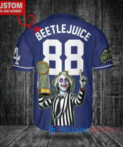 Los Angeles Dodgers x Beetlejuice Halloween with World Series Trophy Custom Baseball Jersey Navy