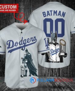 Los Angeles Dodgers x DC Comics Batman The Dark Knight with Trophy Custom Baseball Jersey Gray