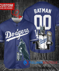 Los Angeles Dodgers x DC Comics Batman The Dark Knight with Trophy Custom Baseball Jersey Navy