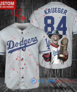 Los Angeles Dodgers x Freddy Krueger A Nightmare on Elm Street Halloween with World Series Trophy Custom Baseball Jersey Gray