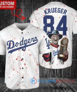 Los Angeles Dodgers x Freddy Krueger A Nightmare on Elm Street Halloween with World Series Trophy Custom Baseball Jersey White