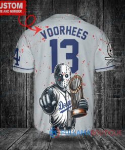 Los Angeles Dodgers x Friday the 13th Jason Voorhees Halloween with World Series Trophy Custom Baseball Jersey Gray