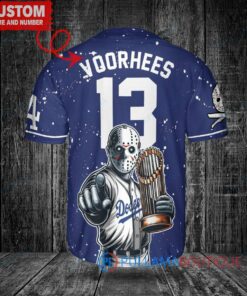 Los Angeles Dodgers x Friday the 13th Jason Voorhees Halloween with World Series Trophy Custom Baseball Jersey Navy