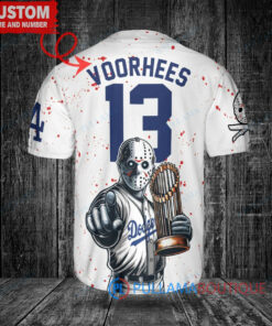 Los Angeles Dodgers x Friday the 13th Jason Voorhees Halloween with World Series Trophy Custom Baseball Jersey White