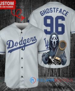 Los Angeles Dodgers x Ghostface Scream Halloween Halloween with World Series Trophy Custom Baseball Jersey Gray