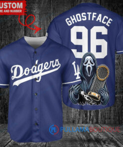 Los Angeles Dodgers x Ghostface Scream Halloween Halloween with World Series Trophy Custom Baseball Jersey Navy