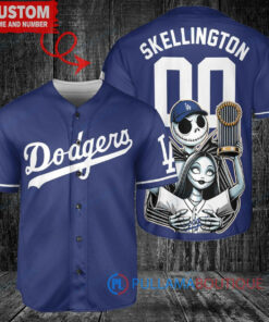 Los Angeles Dodgers x Jack Skellington and Sally The Nightmare Before Christmas with World Series Trophy Custom Baseball Jersey Navy