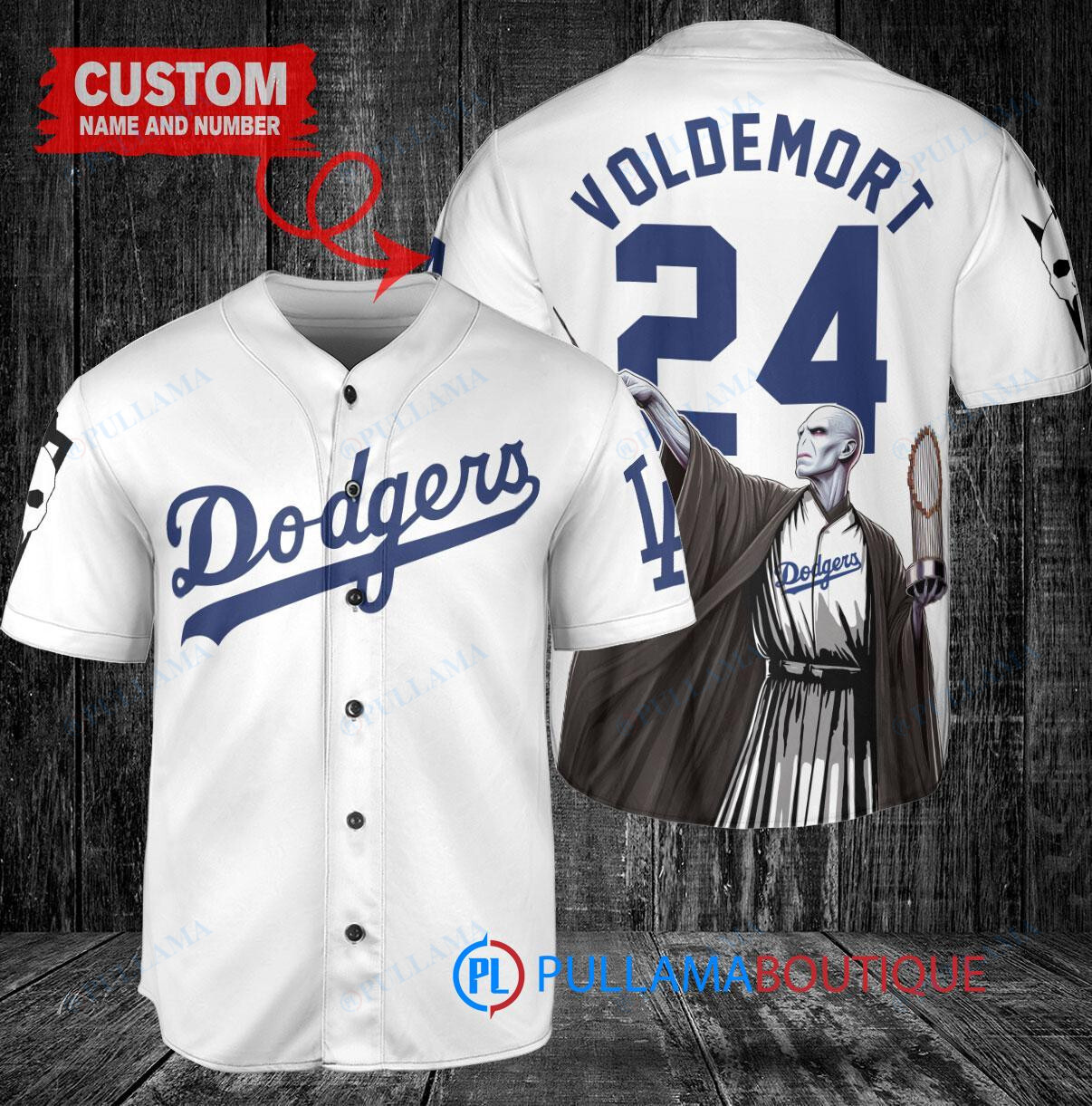 Los Angeles Dodgers x Lord Voldemort Harry Potter with Trophy Custom Baseball Jersey Gray