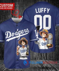 Los Angeles Dodgers x Luffy One Piece with Trophy Custom Baseball Jersey Navy