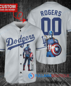 Los Angeles Dodgers x Marvel Captain America Steve Rogers with Trophy Custom Baseball Jersey Gray